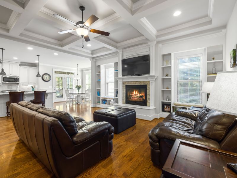 Leather fabric for sofa with a centre table - Beautiful Homes Leather fabric for sofa in a contemporary living room - Beautiful Homes