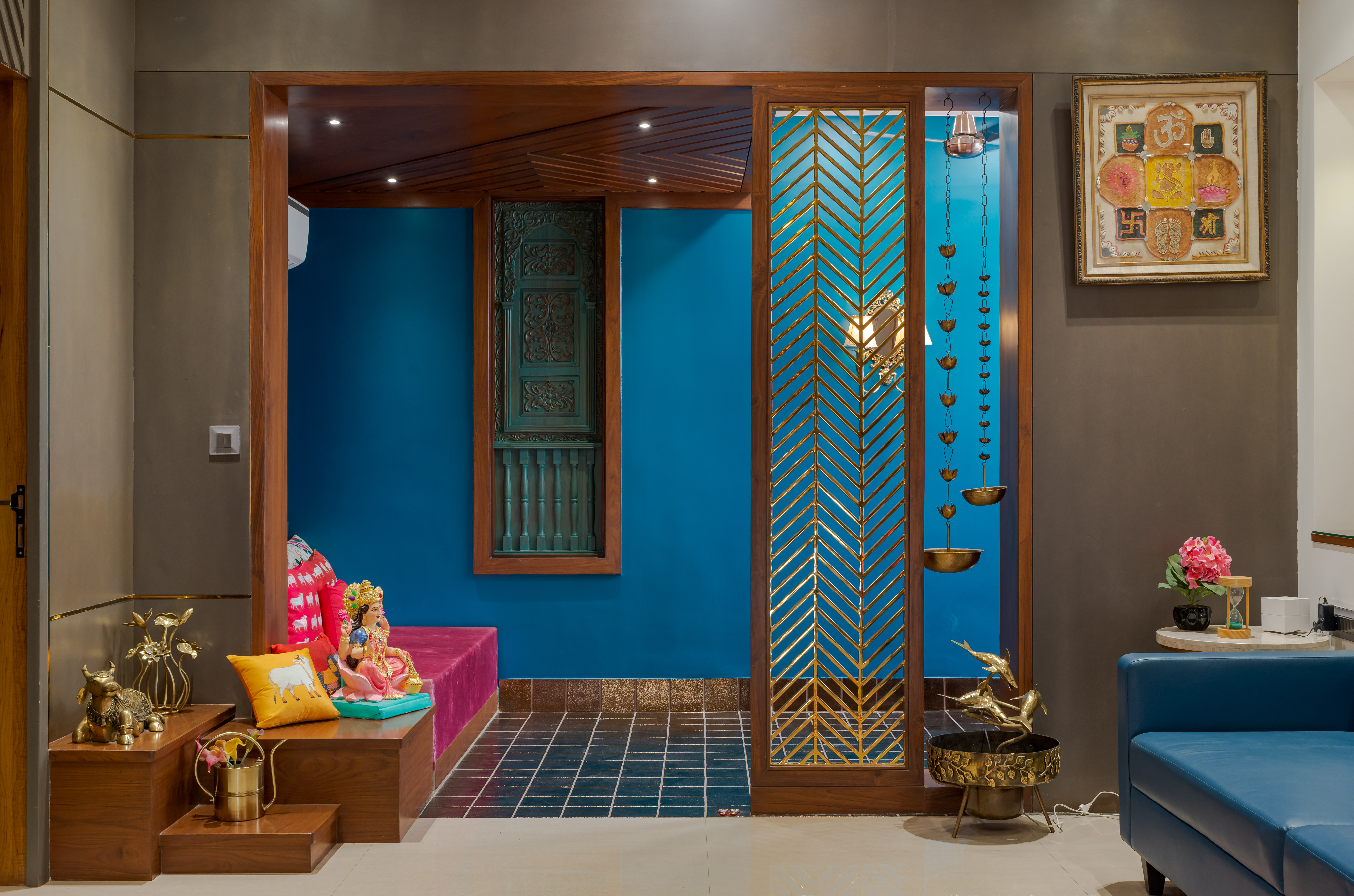 Brown Pooja Room with Blue Accent Wall - Beautiful Homes Brown Pooja Room with Blue Accent Wall - Beautiful Homes