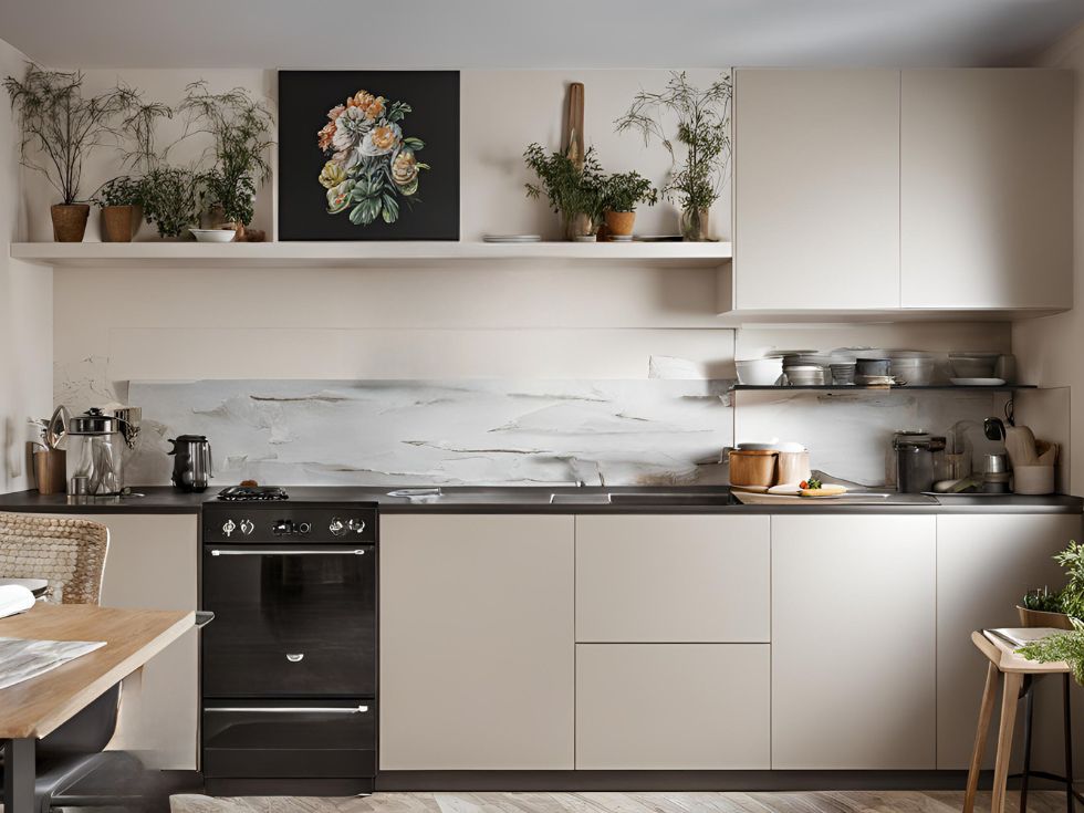 Small cream coloured kitchen - Beautiful Homes Straight cream kitchen with art - Beautiful Homes