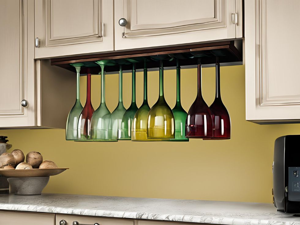 Colorful wine glasses in kitchen - Beautiful Homes Colourful glassware for artistic kitchen - Beautiful Homes