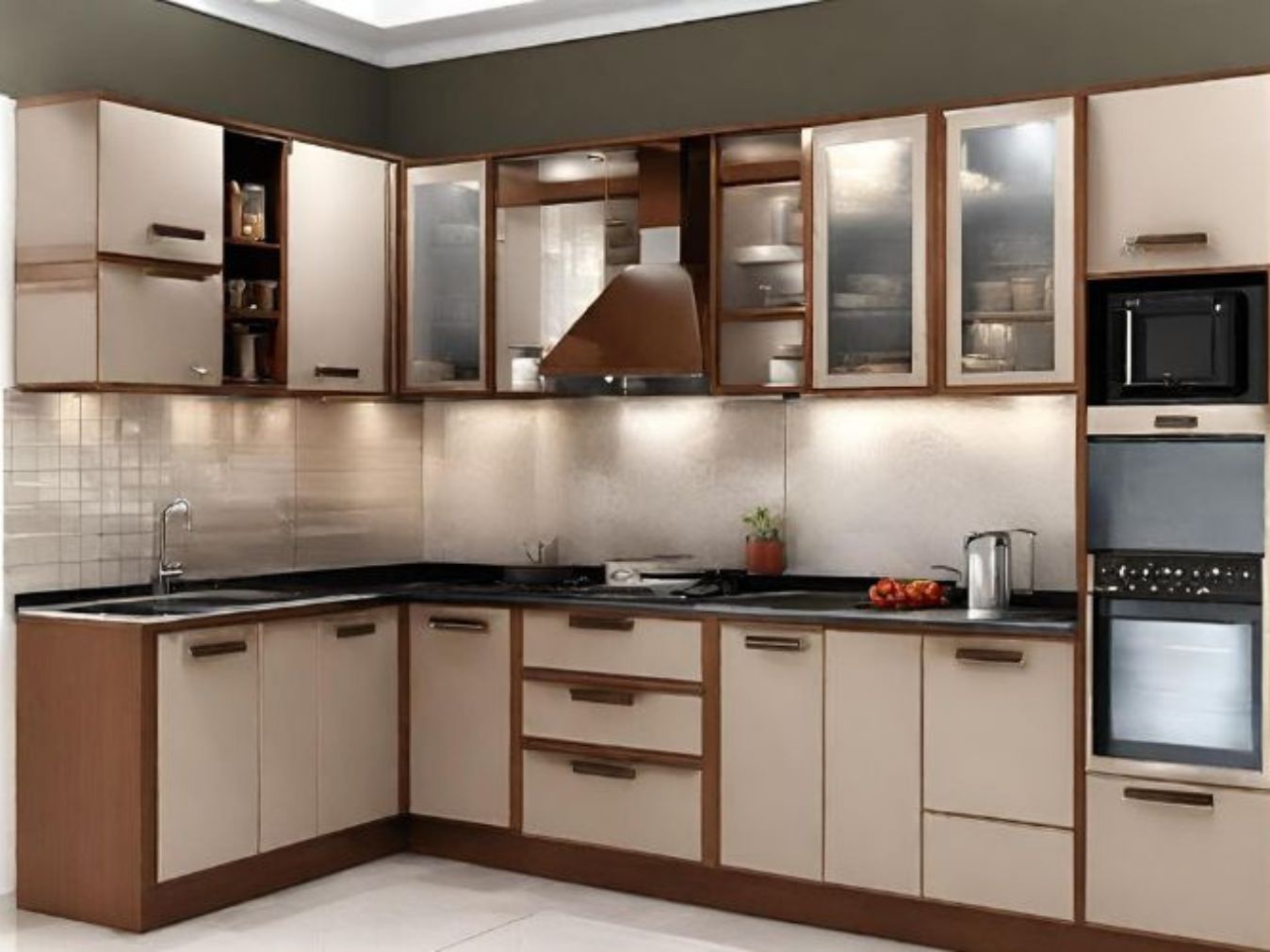 Cream and brown Indian kitchen - Beautiful Homes L-shaped brown kitchen- Beautiful Homes