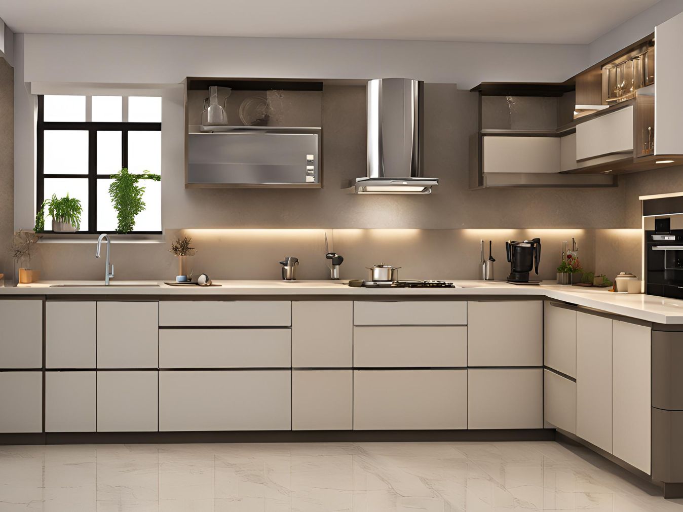 L-shaped cream modular kitchen - Beautiful Homes L-shaped cream modular kitchen - Beautiful Homes