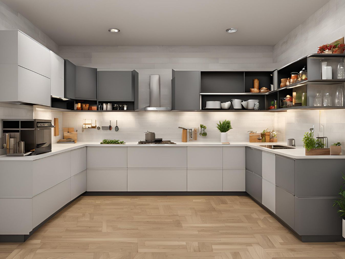 U-shaped open kitchen - Beautiful Homes U-shaped white and grey modular kitchen - Beautiful Homes