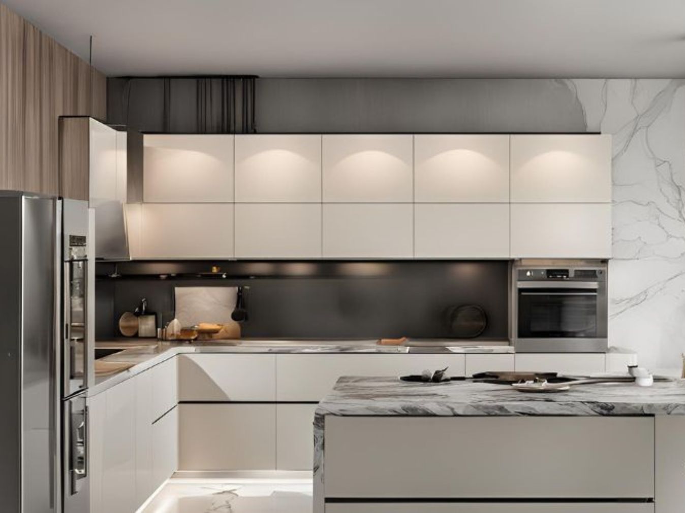 Island kitchen with white modular cabinets - Beautiful Homes Island white kitchen - Beautiful Homes