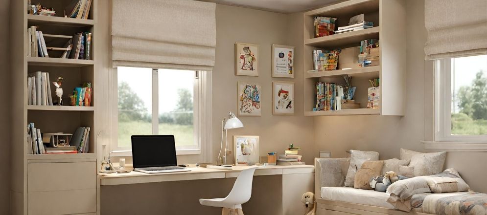Light beige study room with window seating - Beautiful Homes Light beige study room with window seating - Beautiful Homes