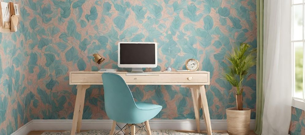 Wooden study table with patterned wallpaper - Beautiful Homes Wooden study table with patterned wallpaper - Beautiful Homes