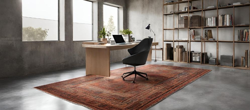Study table with concrete flooring and rug- Beautiful Homes Study table with concrete flooring and rug- Beautiful Homes