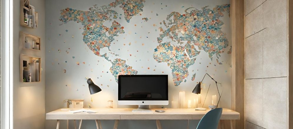 Study table with map wallpaper - Beautiful Homes Study table with map wallpaper - Beautiful Homes