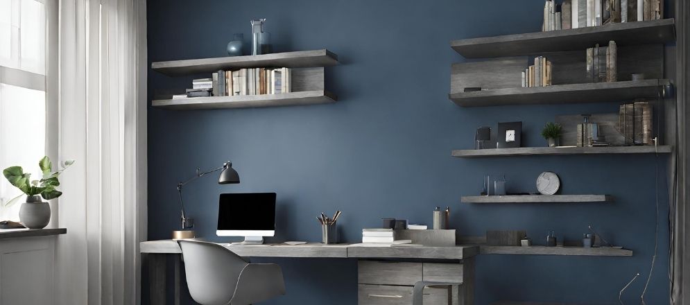 Grey study table with dark blue walls- Beautiful Homes Grey study table with dark blue walls - Beautiful Homes