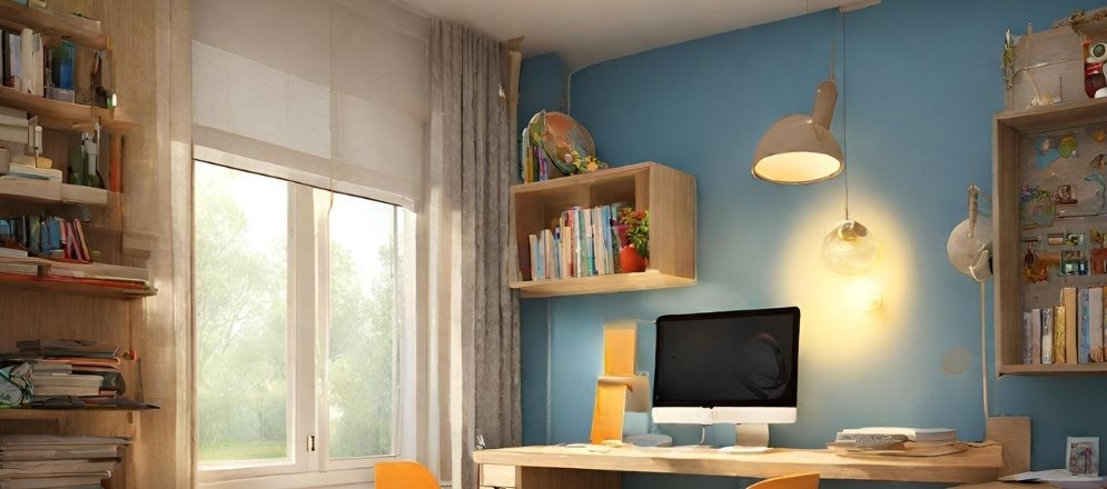 Yellow desk bulb with blue walls - Beautiful Homes Yellow desk bulb with blue walls - Beautiful Homes