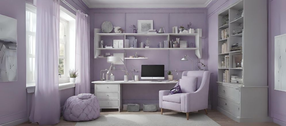 Grey study table with lavender walls - Beautiful Homes Grey study table with lavender walls - Beautiful Homes