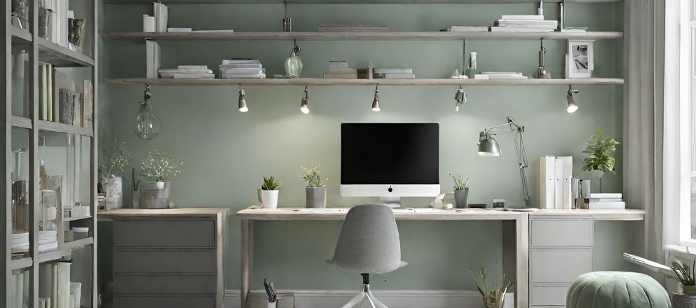 Grey study table with pale green walls - Beautiful Homes Grey study table with pale green walls - Beautiful Homes