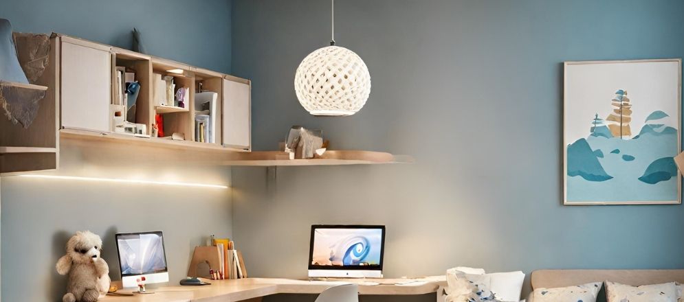 White round pendant light with wooden study table - Beautiful Homes White round pendant light with wooden study table - Beautiful Homes