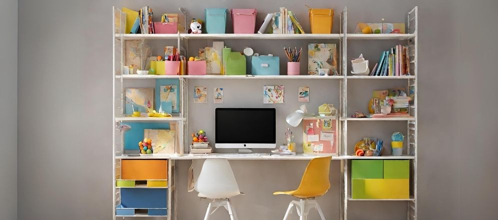 White shelves for colourful study room - Beautiful Homes White shelves for colourful study room - Beautiful Homes