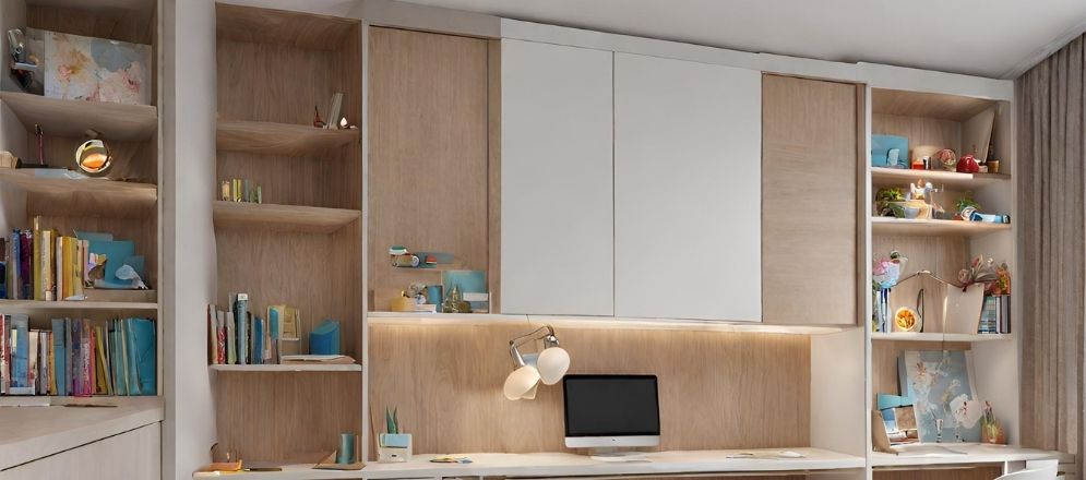 Wooden storage cabinets above study table - Beautiful Homes Wooden storage cabinets above study table - Beautiful Homes