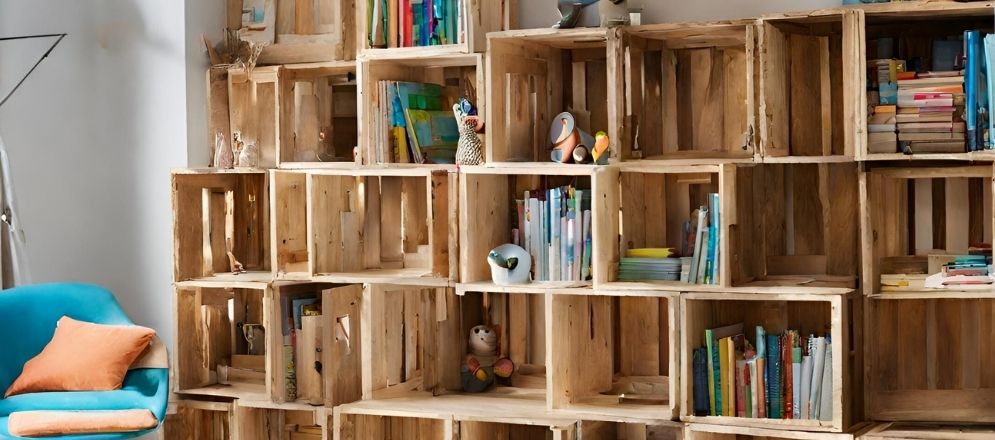 Wooden crates as bookshelves - Beautiful Homes Wooden crates as bookshelves - Beautiful Homes