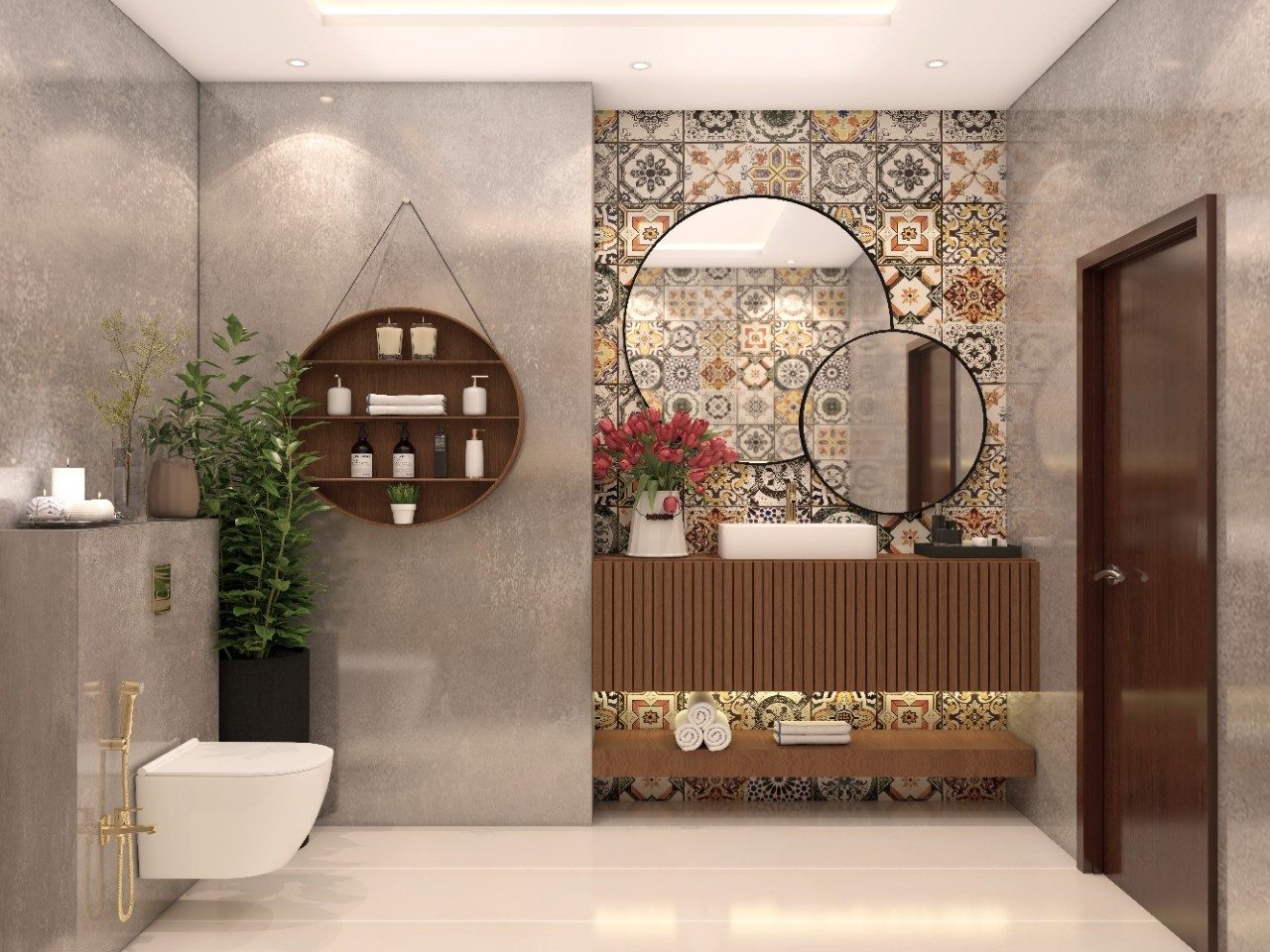 Patterned Tiles and Wooden Vanity Setup Bathroom with wooden vanity and patterned tiles - Beautiful Homes
