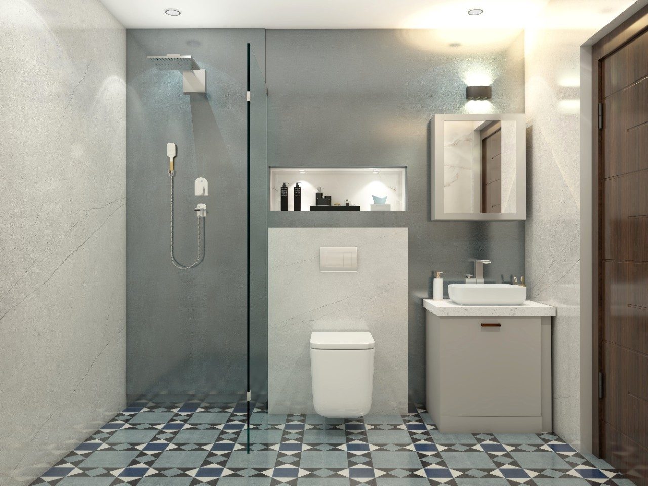 Simple grey and white bathroom with wall niche Simple grey and white bathroom with wall niche - Beautiful Homes