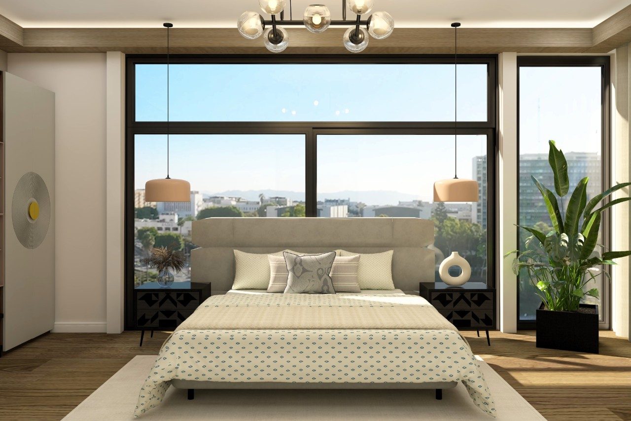 Master bedroom with a large window and grey headboard Master bedroom with wooden flooring and grey headboard-Beautiful Homes