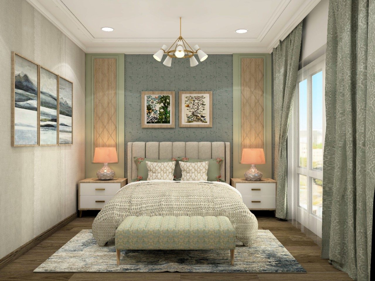 Master bedroom with grey wallpaper and printed upholstered footbench Master bedroom with grey wallpaper and printed upholstered footbench - Beautiful Homes
