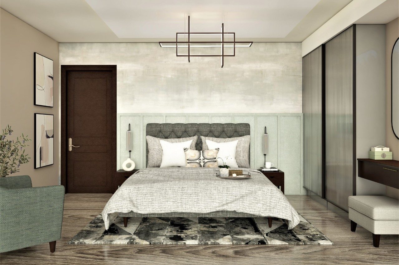 Neutral Bedroom with bedside table and aristo wardrobe Modern luxury bedroom with black bedside table and wardrobe-Beautiful Homes