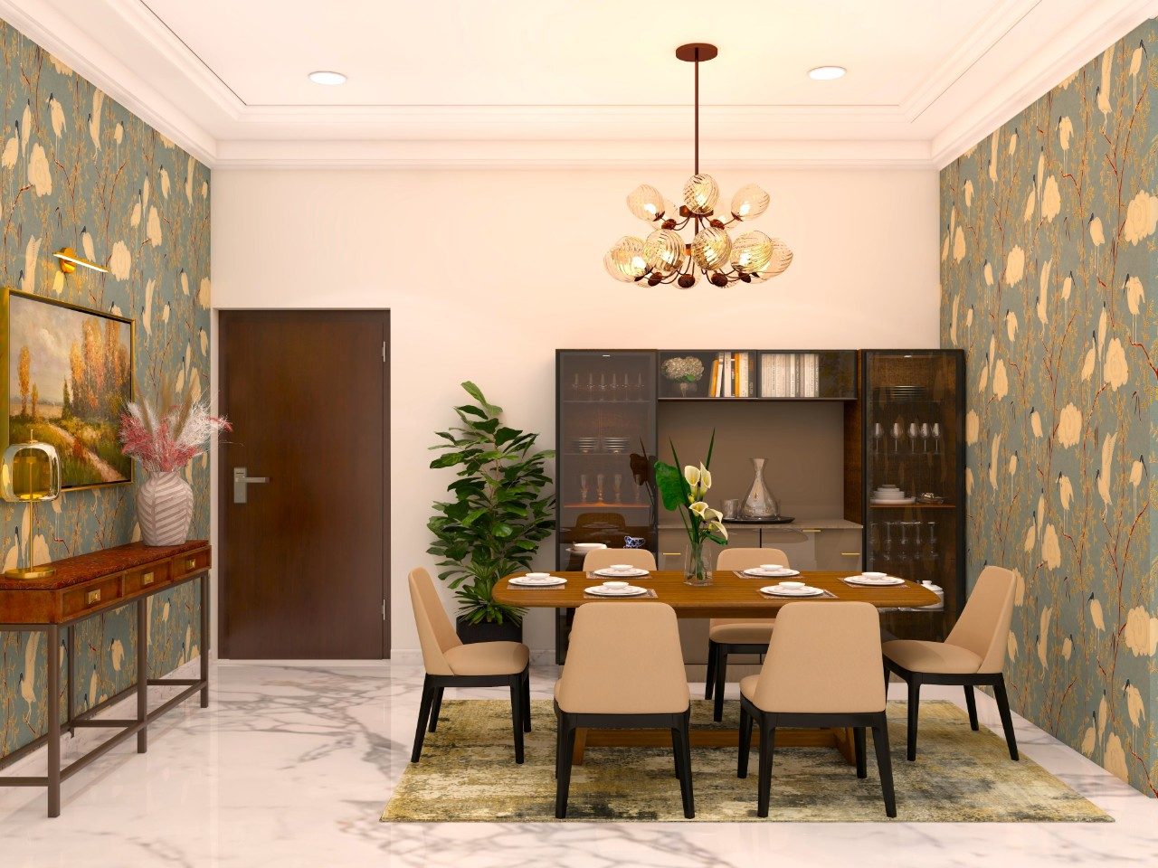 Modern Dining Space With Elegant Features Elegant dining room with floral wallpaper and wooden table - Beautiful Homes