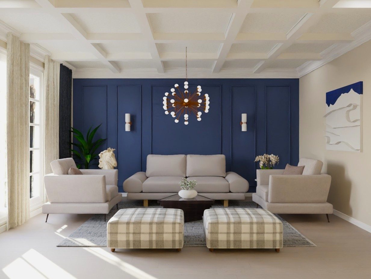 Elegant Space with Beige and Blue Tones Stylish living room with navy wall and beige furniture - Beautiful Homes