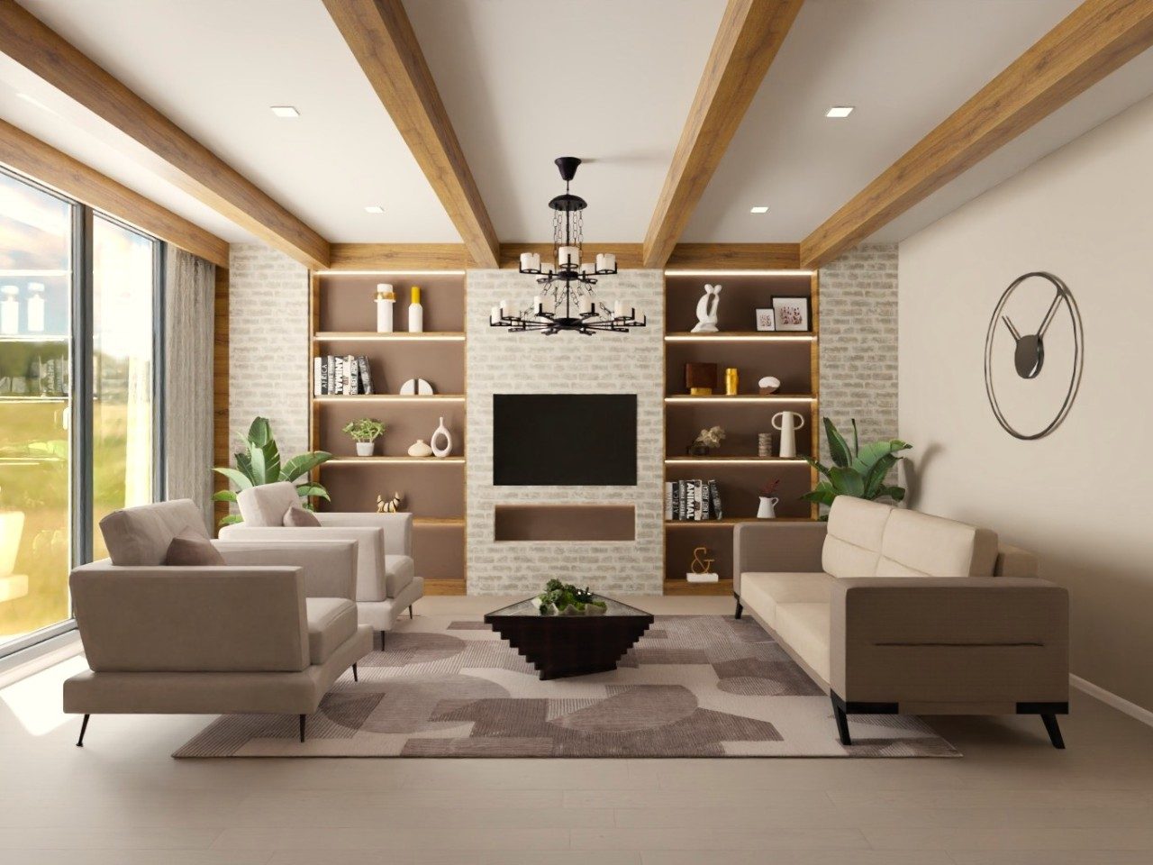 Stylish living area featuring wooden accents Modern living room with beige sofa and décor - Beautiful Homes