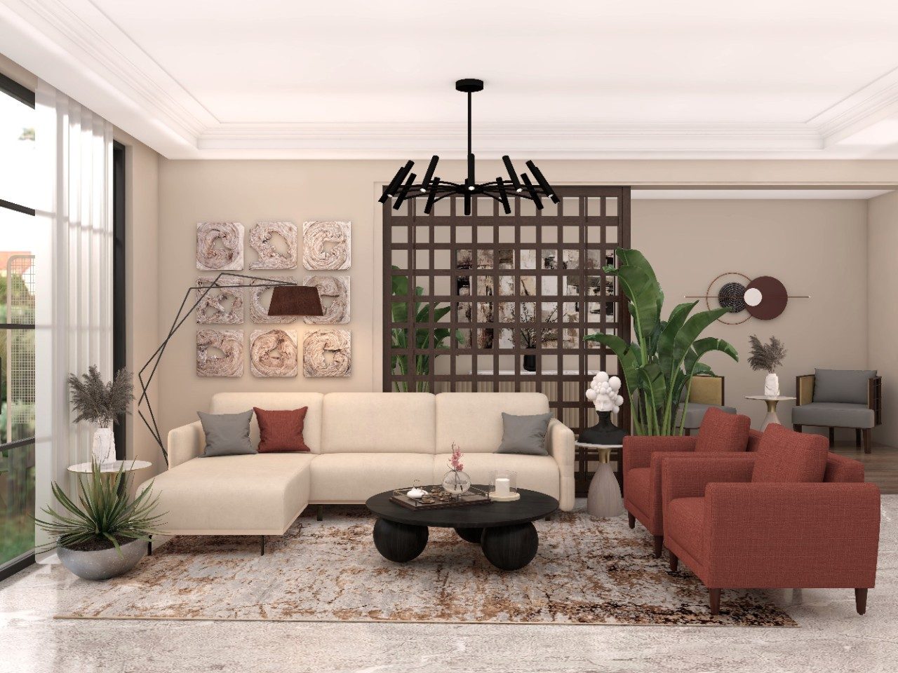 Chic Modern Room with Stylish Accents Modern living room with sofa and wooden partition - Beautiful Homes