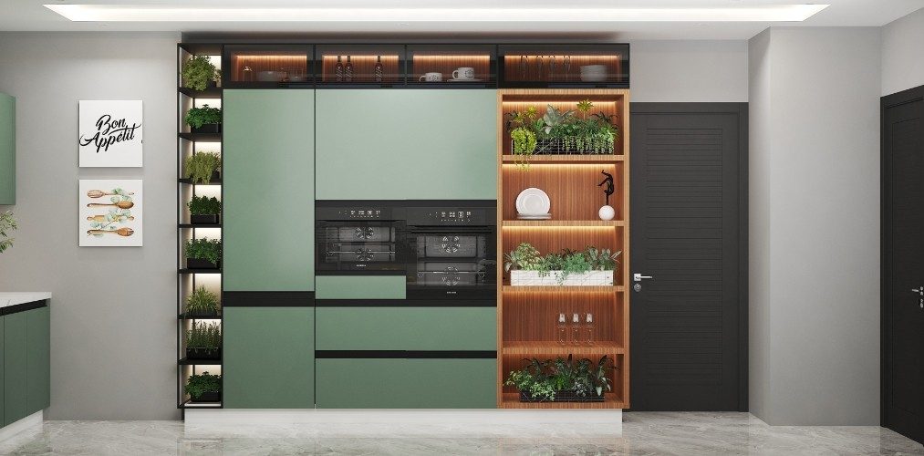 Green kitchen acrylic cabinets with wooden shelves and planters Green kitchen acrylic cabinets with wooden shelves and planters-Beautiful Homes