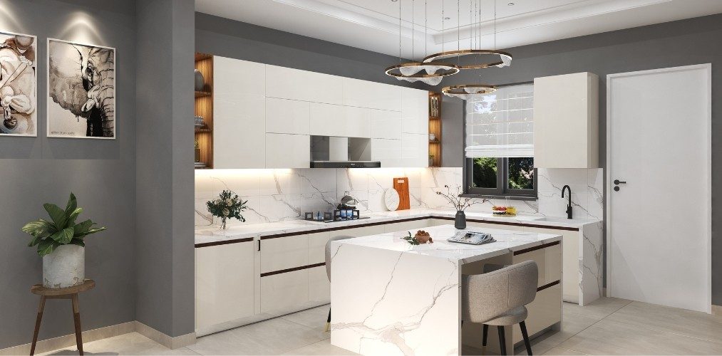 Design Ideas - 7 Island kitchen with white marble and grey walls-Beautiful Homes