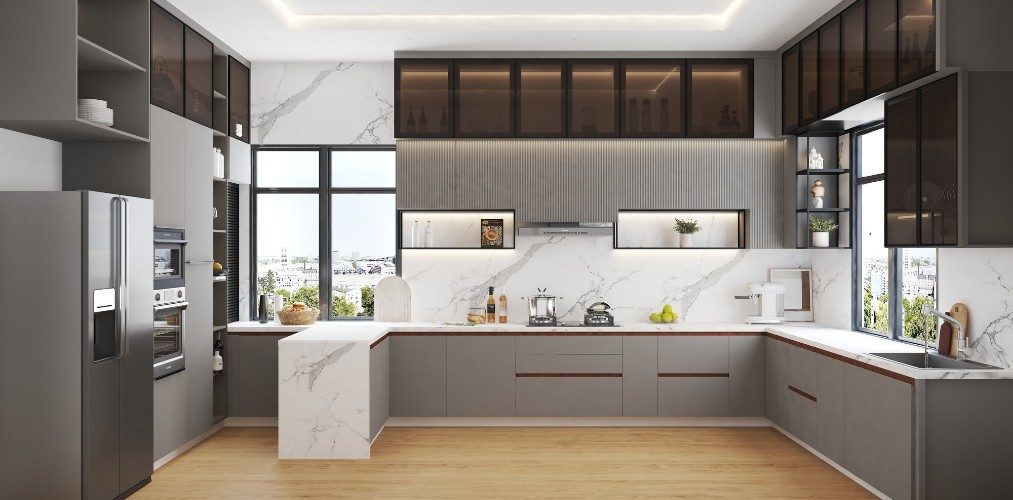 Design Ideas - 11 U shaped grey kitchen with fluted laminate and black finish glass cabinets-Beautiful Homes