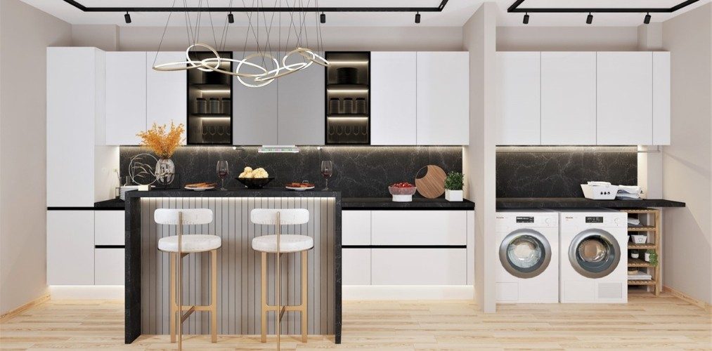Design Ideas - 3 White kitchen cabinets with black marble backsplash and profile lights-Beautiful Homes