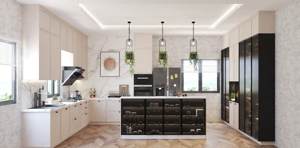 White modular kitchen with black glass cabinets and wooden flooring White modular kitchen with black glass cabinets and wooden flooring-Beautiful Homes