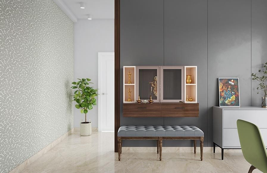 Small wall mounted pooja room design with shelves for your home - Beautiful Homes