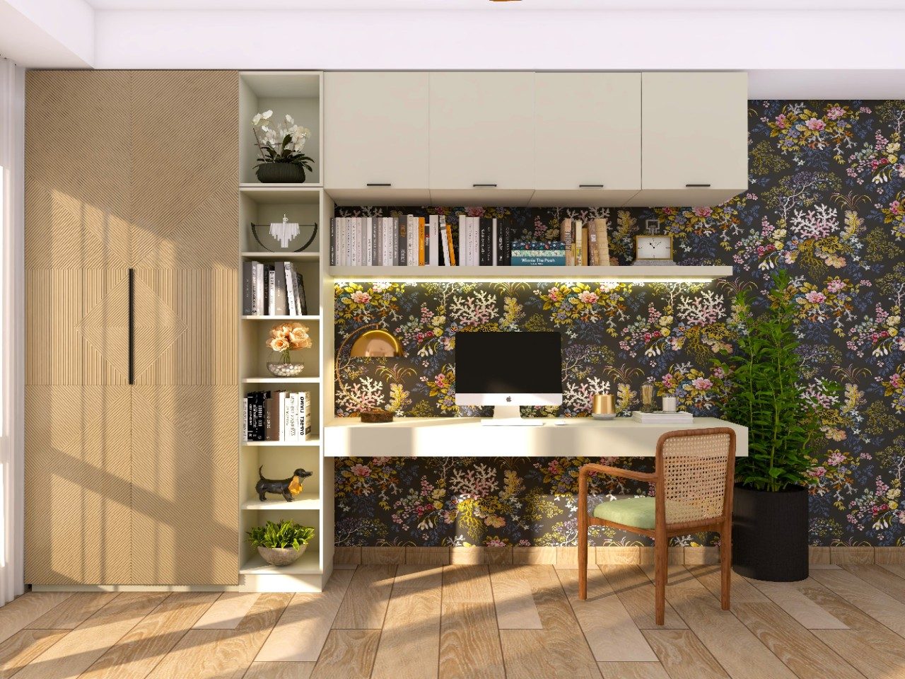 Wardrobe with study table and floral wallpaper Study table with floral wallpaper and rattan chair - Beautiful Homes