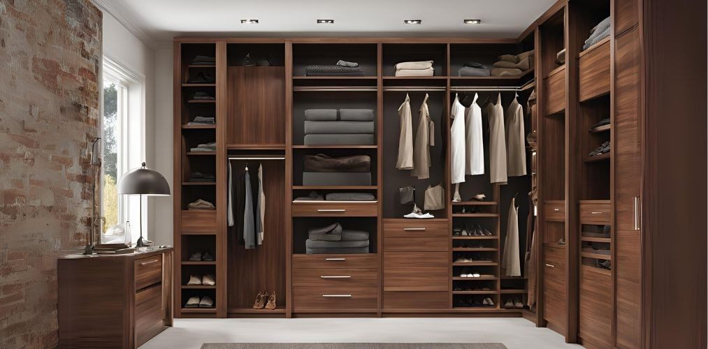 Cherry wood l-shaped walk-in wardrobe design Cherry wood l-shaped walk-in wardrobe design - Beautiful Homes