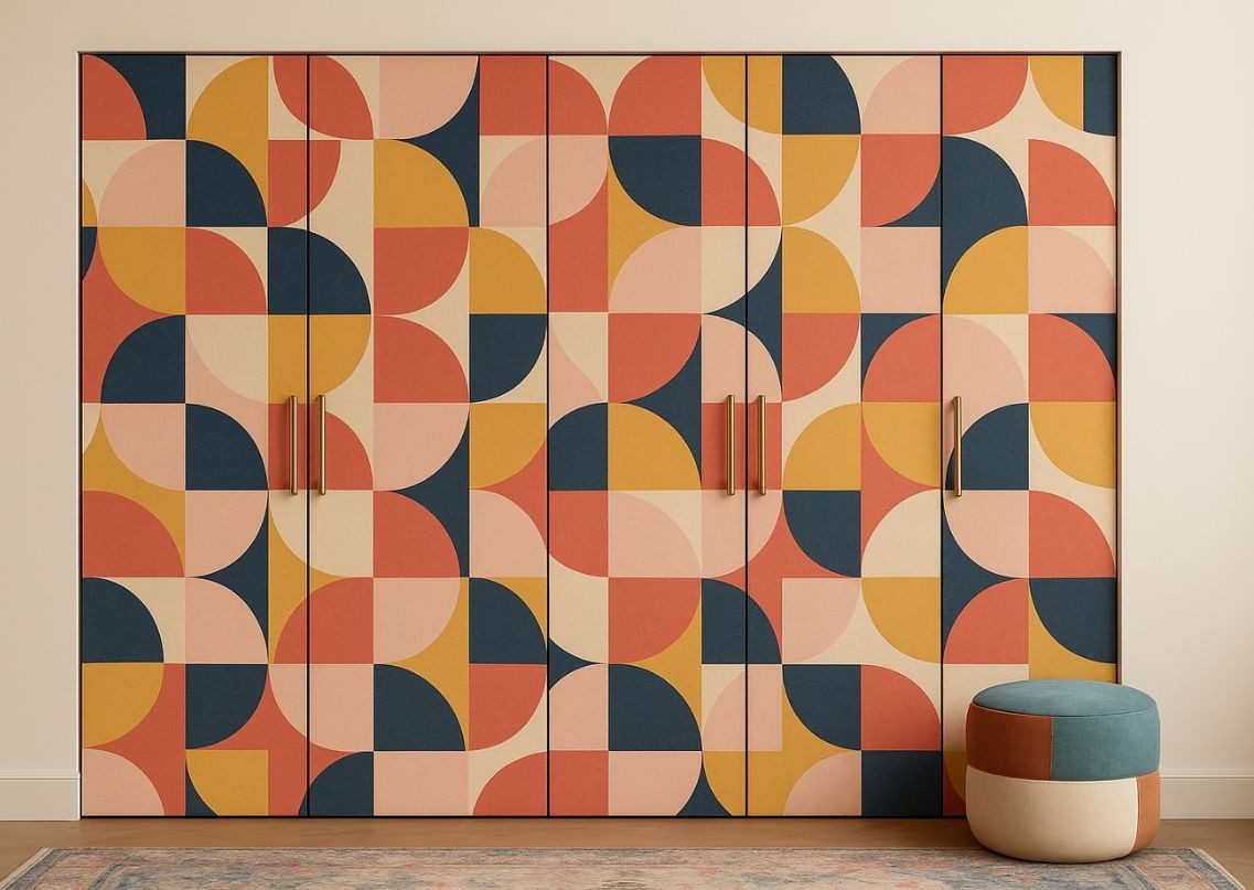Bold abstract wardrobe with colourful patterns colourful wardrobe with geometric patterns and sleek handles - Beautiful Homes