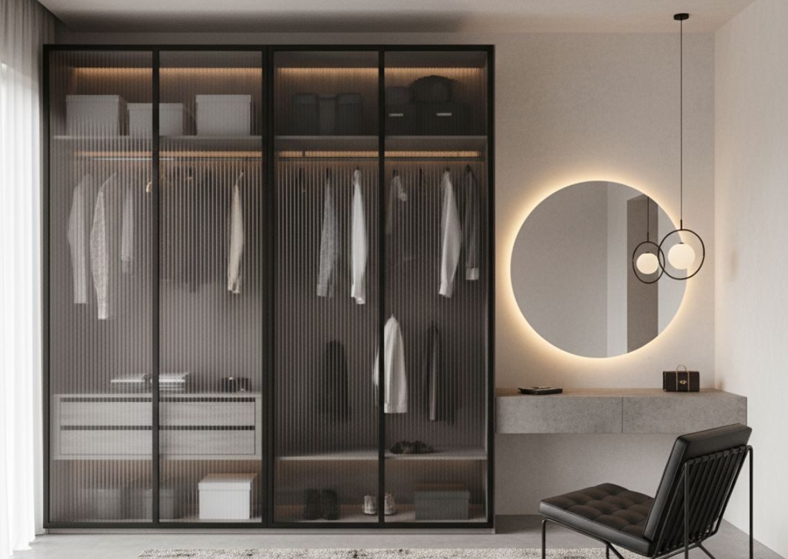 Modern Walk-In Closet with Dressing Area Glass wardrobe with sliding doors and dressing table - Beautiful Homes