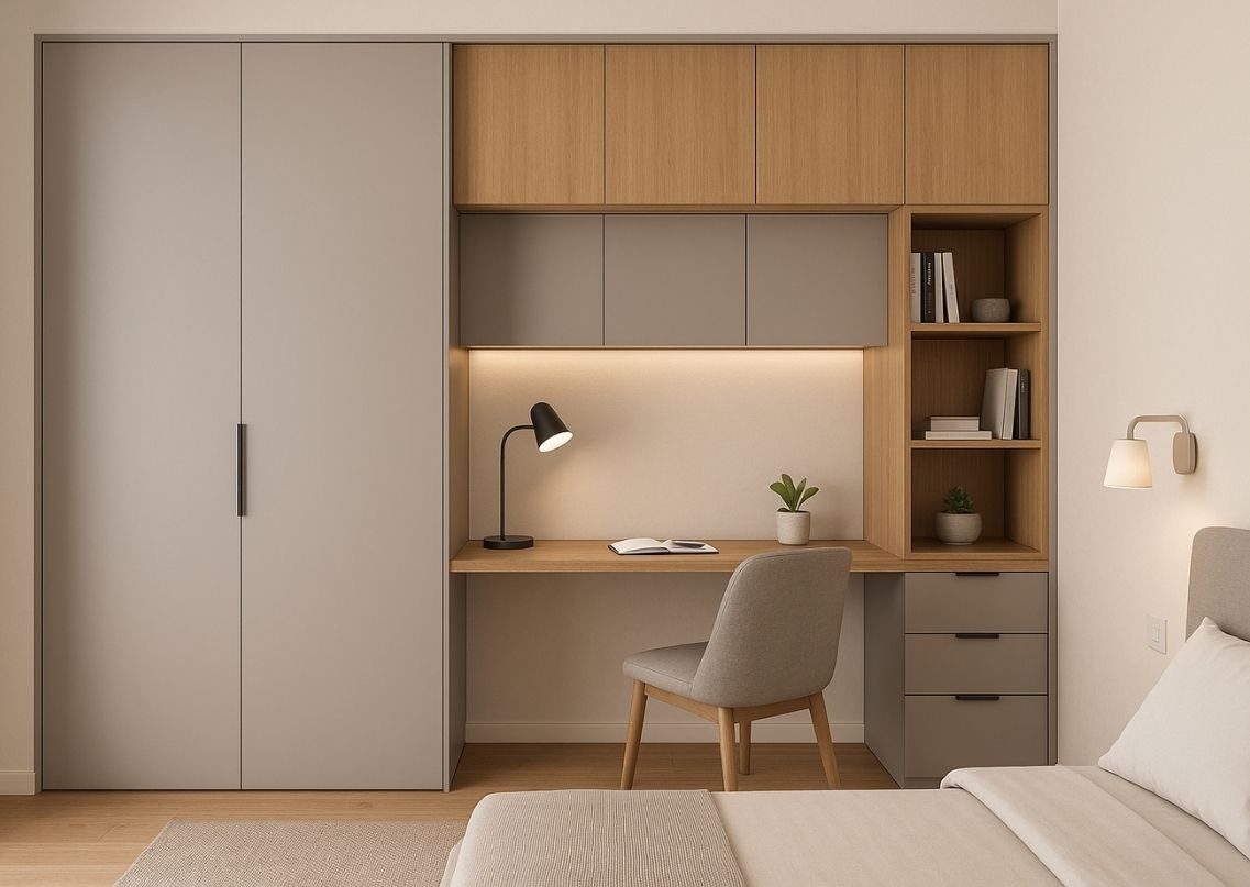 Stylish Bedroom Workspace with Integrated Storage Modern bedroom with study table and wardrobe - Beautiful Homes