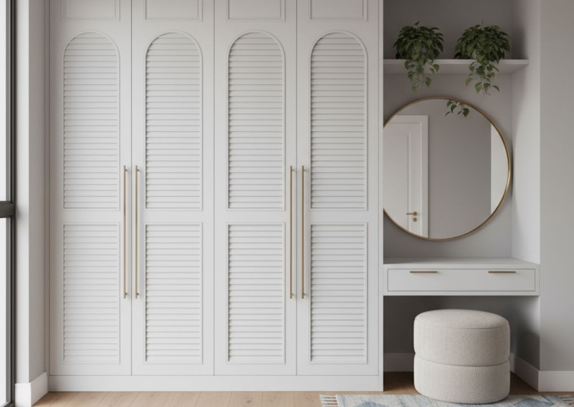 Contemporary White Wardrobe with Dressing Unit White wardrobe with golden handles and round mirror - Beautiful Homes