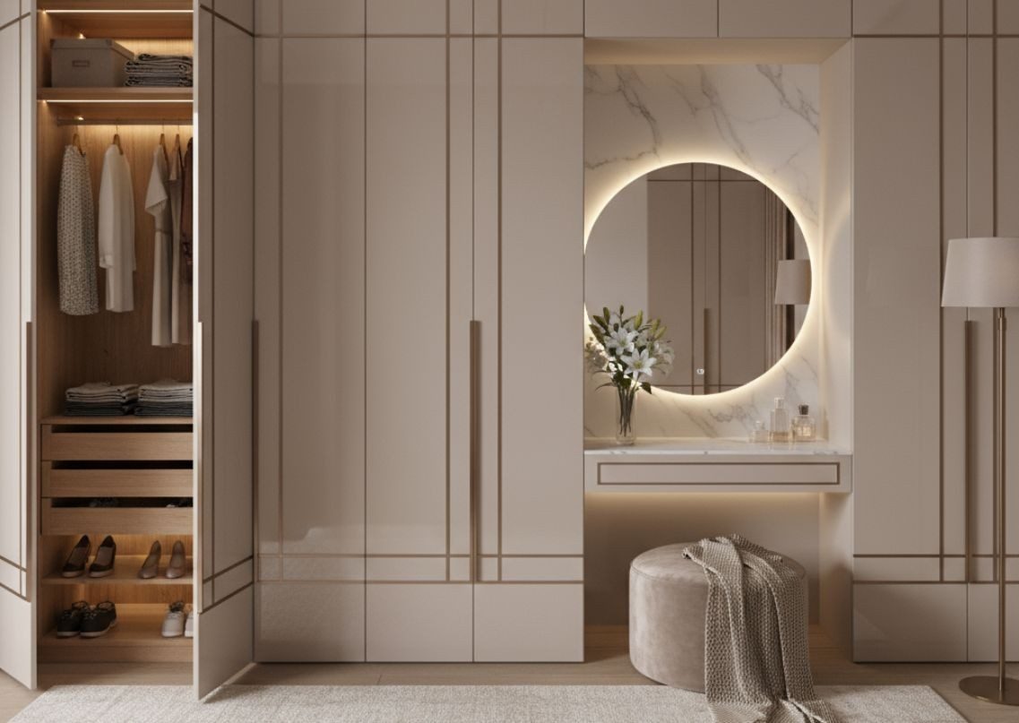 Modern Closet with Mirror and Lighting Modern wardrobe with mirror and beige design - Beautiful Homes