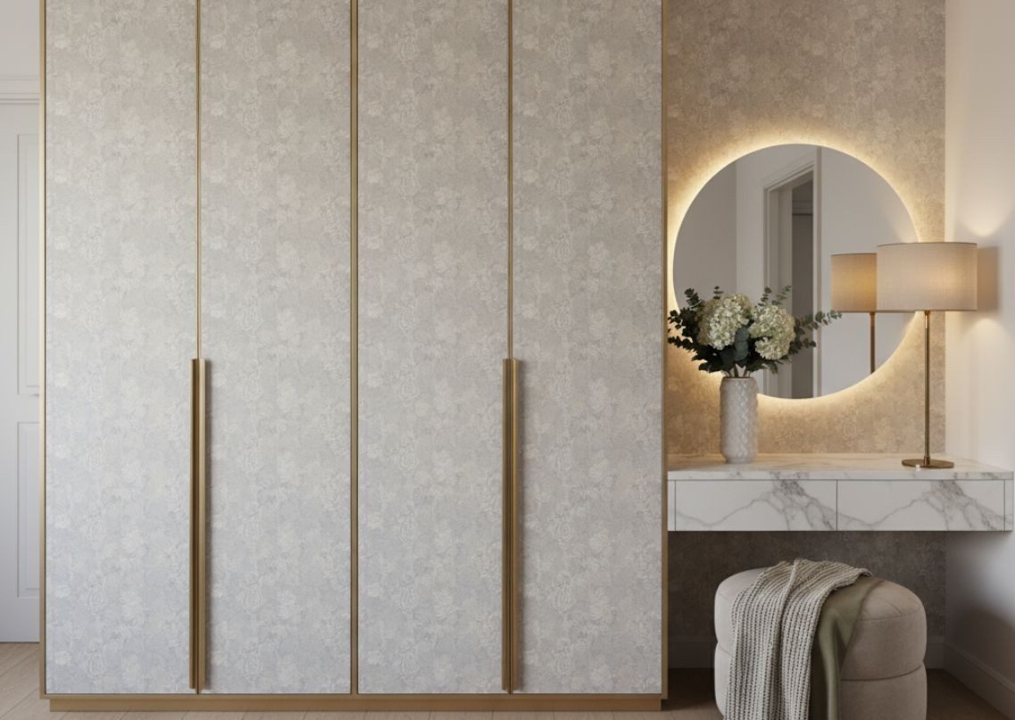Elegant Wardrobe with Backlit Mirror Setup Textured wardrobe with gold handles and backlit mirror - Beautiful Homes
