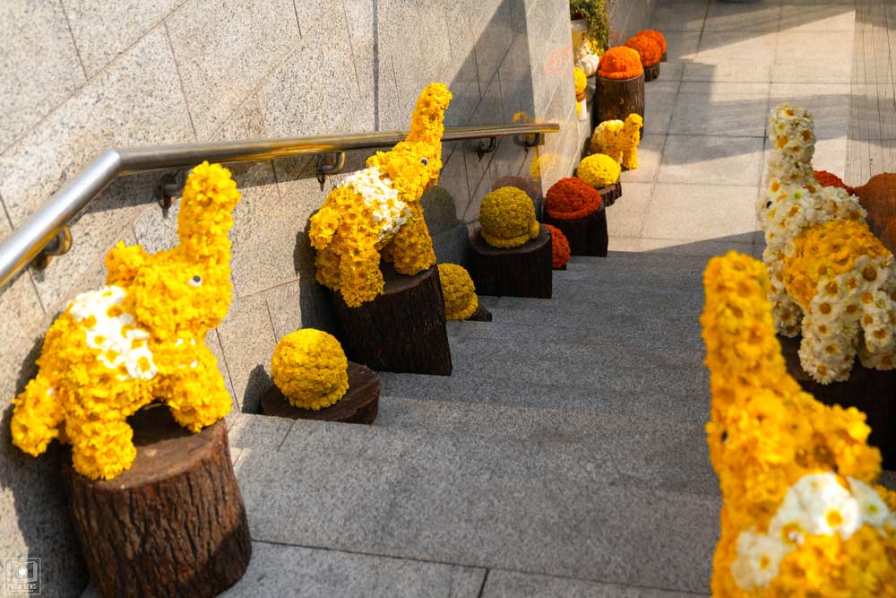 Stairs with sculptures of elephants made using lowers Stairs with sculptures of elephants made using lowers