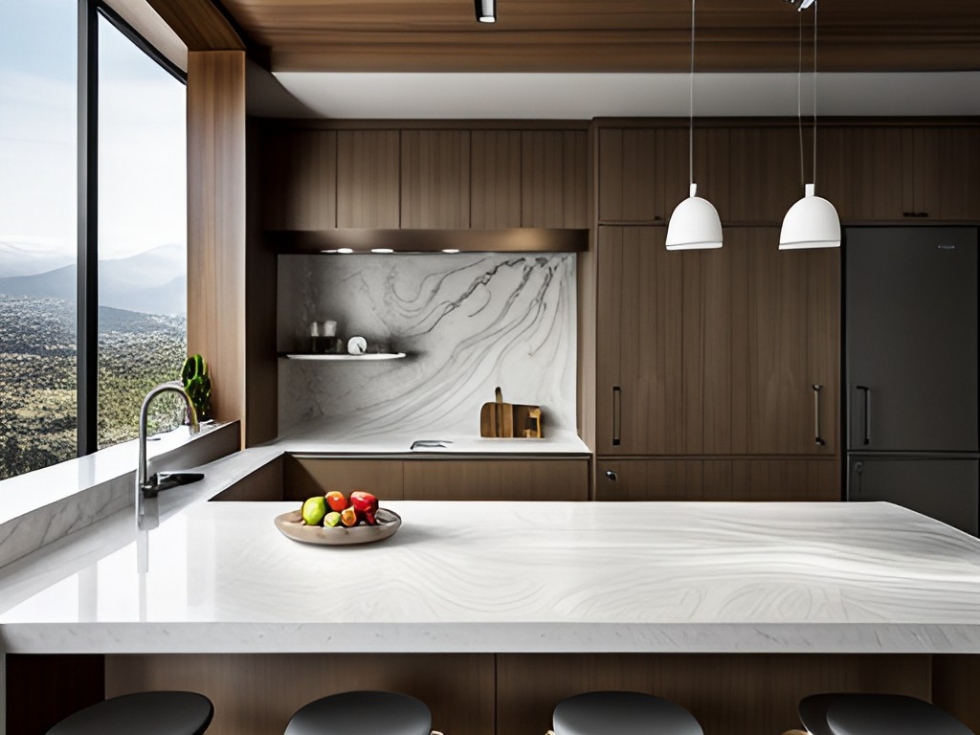 Wavy patterned corian countertop design for the kitchen island & backsplash - Beautiful Homes Wavy patterned corian countertop design for the kitchen island & backsplash - Beautiful Homes