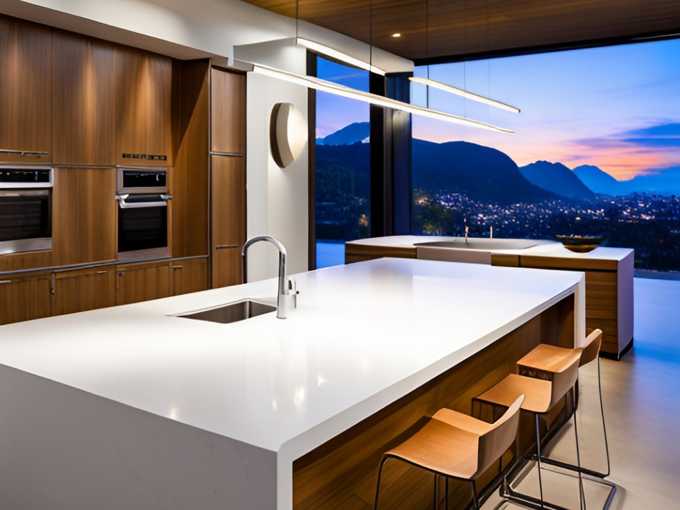 Waterfall edge corian countertop design for the kitchen island cum dining nook - Beautiful Homes Waterfall edge corian countertop design for the kitchen island cum dining nook - Beautiful Homes