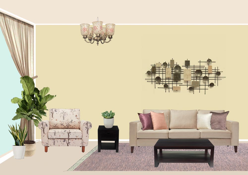 A room with an off white sofa, an armchair with upholstery, side tables and planters