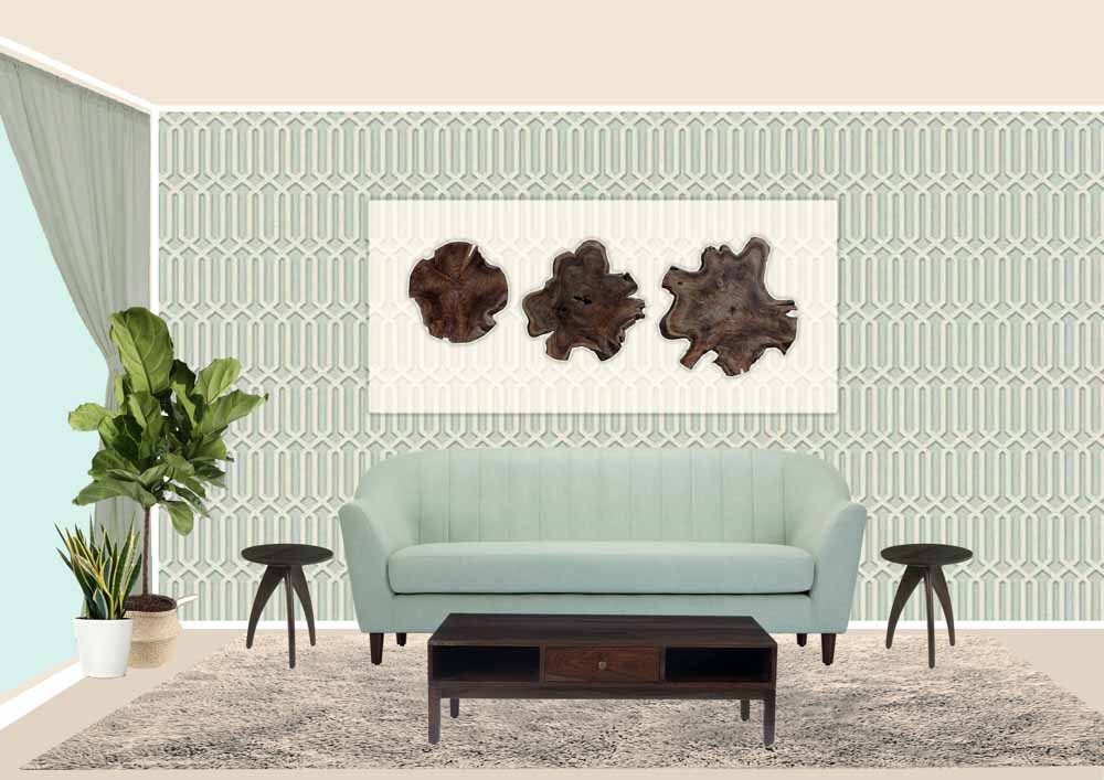 A room with a textured wall, an artwork, a sofa, a couple of side tables and two planters