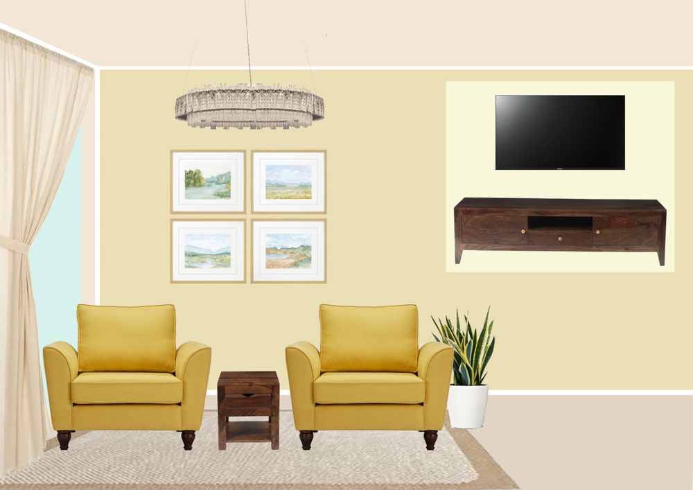 A yellow room with a couple of yellow arm chairs, a side table and four artworks