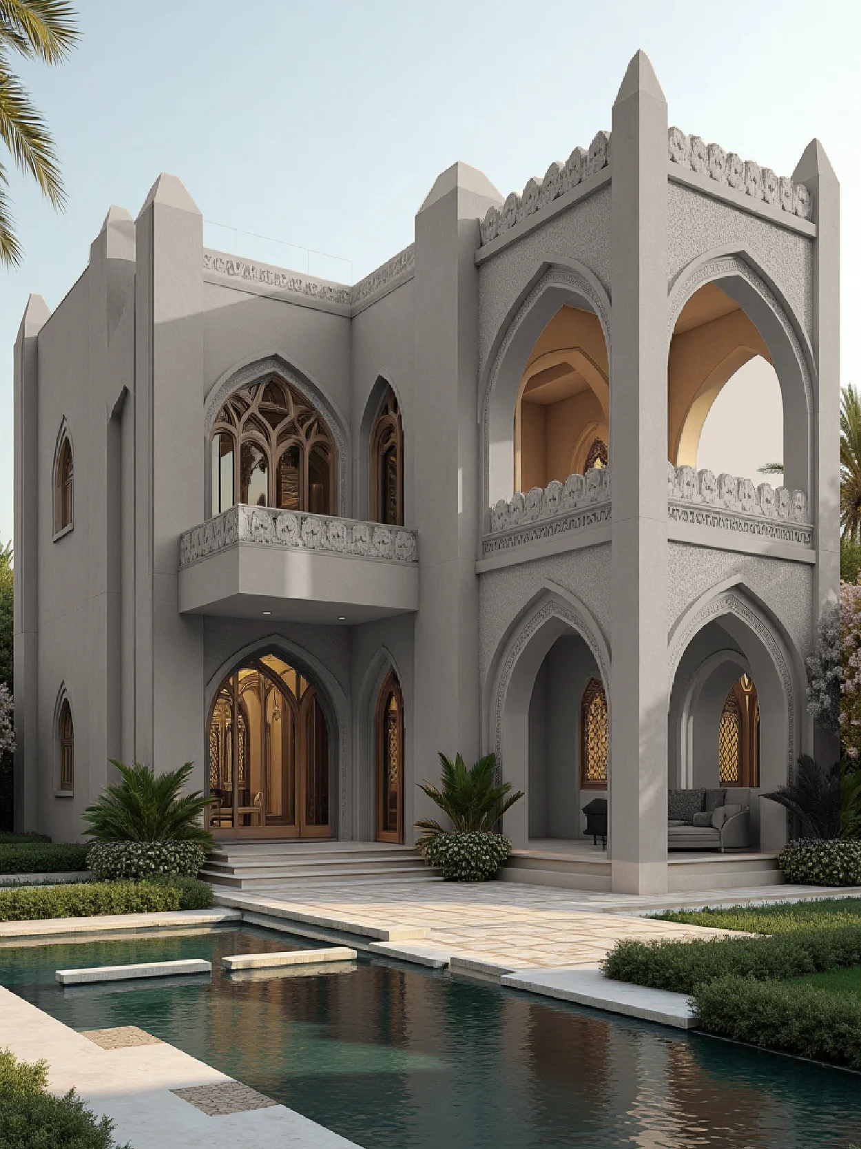 Grounded Medium Stone-Grey Islamic Villa Idea